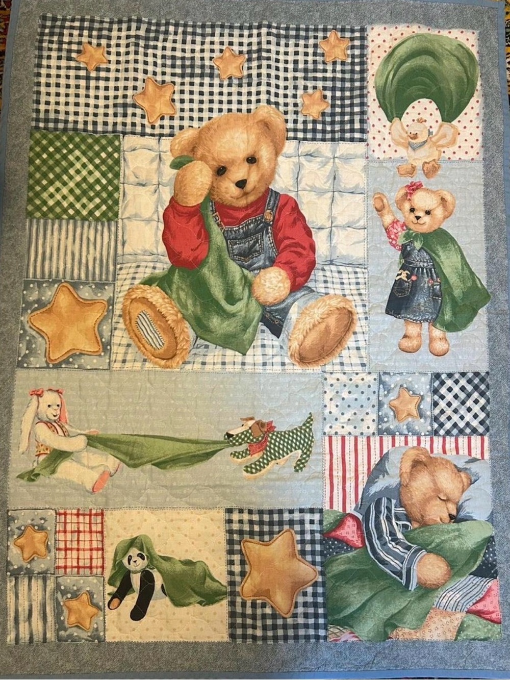 Vintage 90’s Daisy Kingdom "Blue Jean Teddy" double sided baby quilt